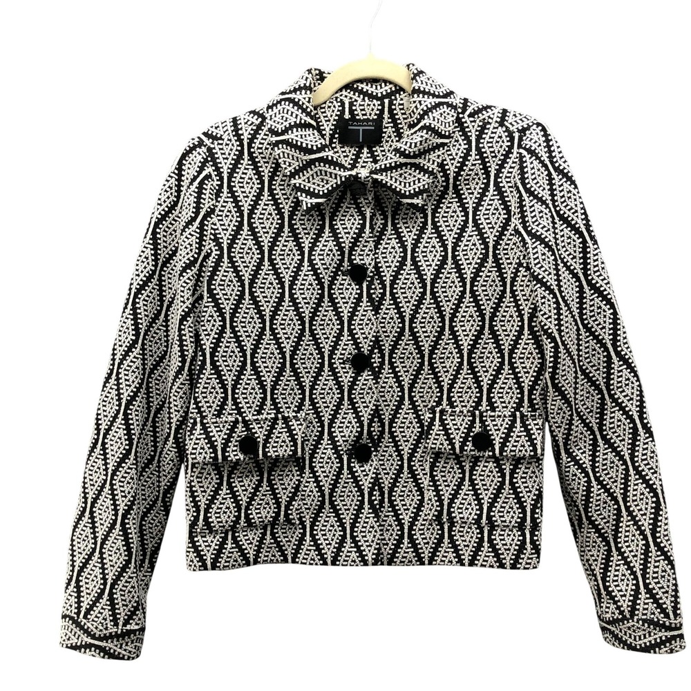Tahari Tweed Jacket Womens S Black White Patterned‎ Jacquard Cable Chevron
